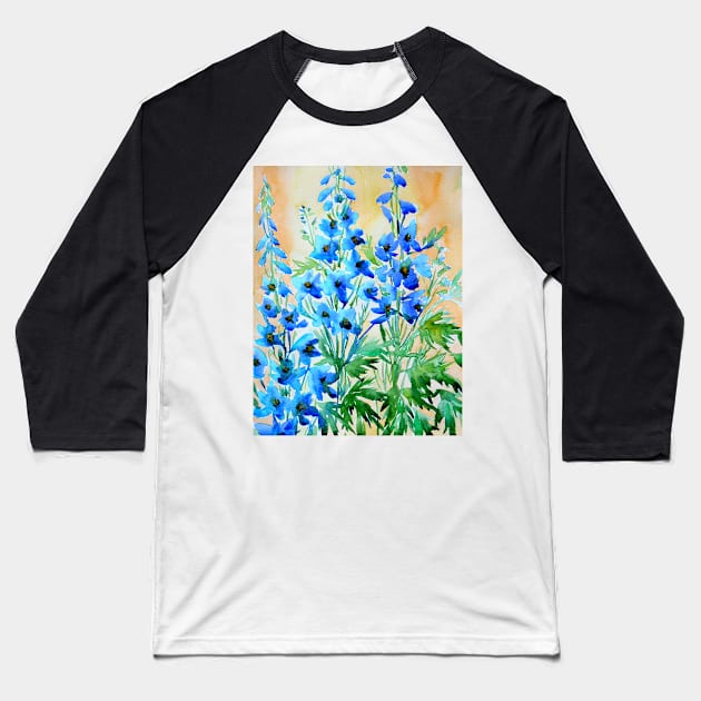 Delphinium Flowers Watercolor Painting Baseball T-Shirt by SvitlanaProuty